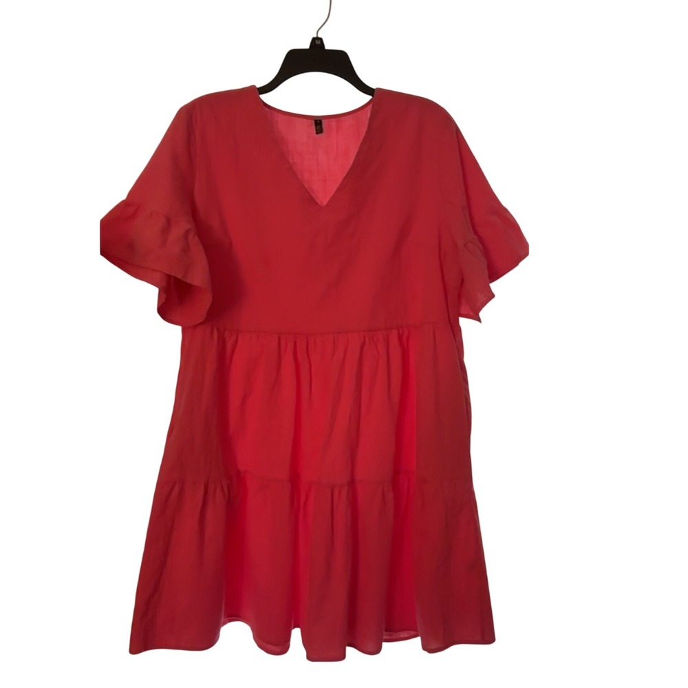 Yinn Coral Cotton Blend Tiered Dress V Neck Ruffle Sleeve Size Large 33.5" Long